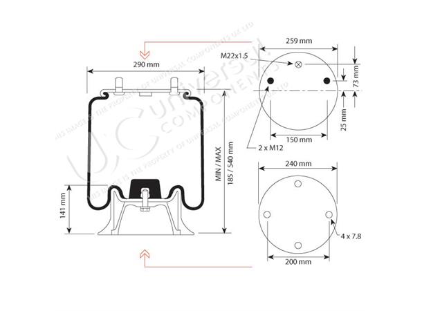 Luftbelg SAF 2618V Kunsstoff Universal Components 