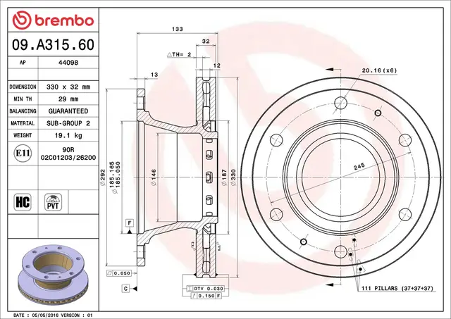Bremseskive IVECO m/polhjul BREMBO 