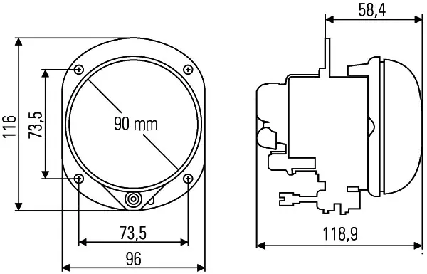 Kurve-/Tåkelysk. 90 mmH15 12V Hella 
