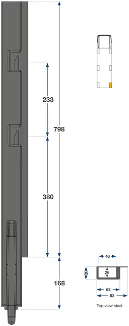 Rear pillar left, 800mm 2-port, narrow Kinnegrip 
