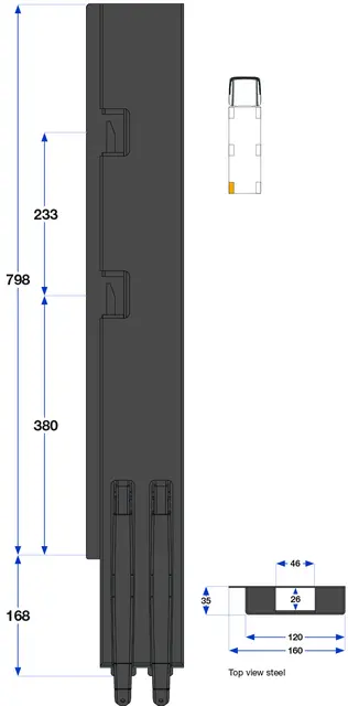 Rear pillar BBE left, 800 mm 2-port Kinnegrip 