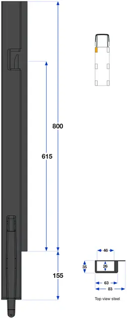 Front pillar left, 800 mm  1-port Kinnegrip 