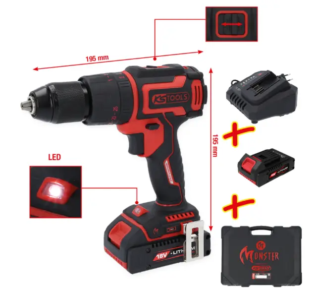 eMONSTER brushless cordless screwdriver set with hammer drill function, 4 pcs 