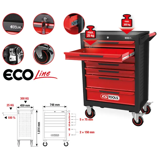ECOline BLACK/RED toolbox with 7 drawers Ks Tools 