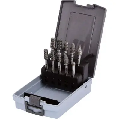 Hard metal milling burr set in plastic c ase, 10 pcs 