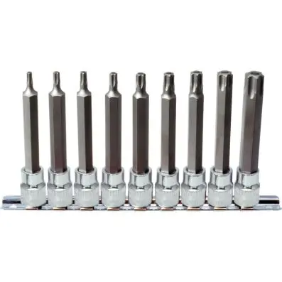 3/8" CHROMEplus Bit socket Torx tamperpr oof, long, 9 pcsTB20-TB60 