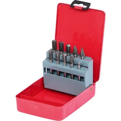 Hard metal milling burr set in steel cas e, 10 pcs 
