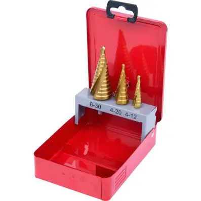 HSS TiN Stepped drill set, in metal case 3 pcs 