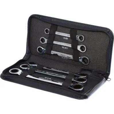 GEARplus Double ring ratchet spanner set , 6 pcs, leather pouch 