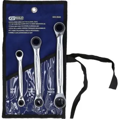 4 in 1 GEARplus reversing double ratchet ring spanner set, 3 pcs 