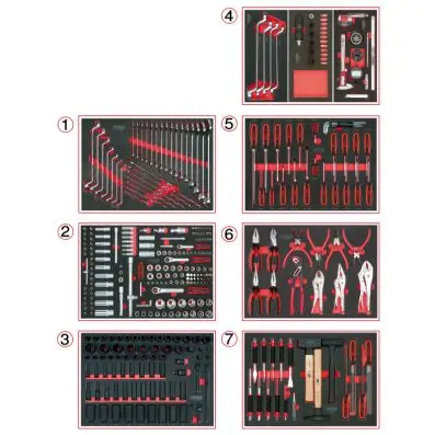 Set of universal system inserts for 7 dr awers with 378 premium tools 